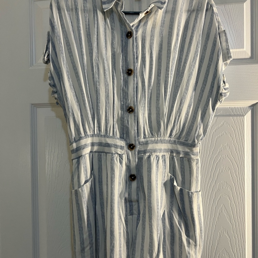 She + Sky Blue and White Striped Jumpsuit